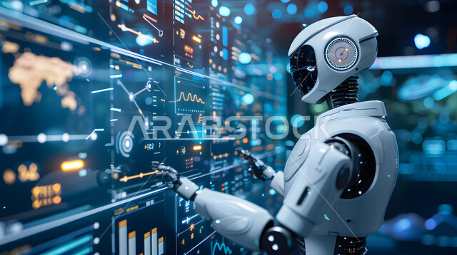 استخدام الروبوتات الذكية في العمل، تحقيق الرؤية المستقبلية التكنولوجية 2030، تحليل البيانات باستعمال التقنيات الحديثة، بيانات خسائر وارباح الشركة، صورة مقربة لرجل آلي متطور أمام الشاشات الالكترونية المضيئة يقوم متابعة مخطط الرسم البياني للنمو الاقتصادي
