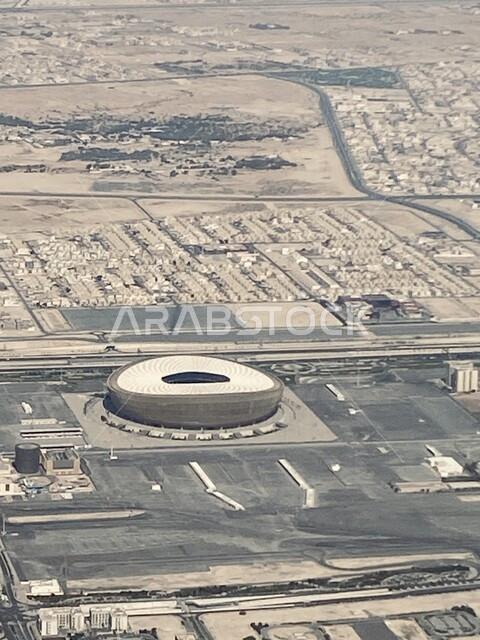 Lusail World Cup Stadium in Qatar, modern architectural art of football stadiums, aerial view of famous tourist attractions in Doha, places for sports entertainment activities, matches and international championships