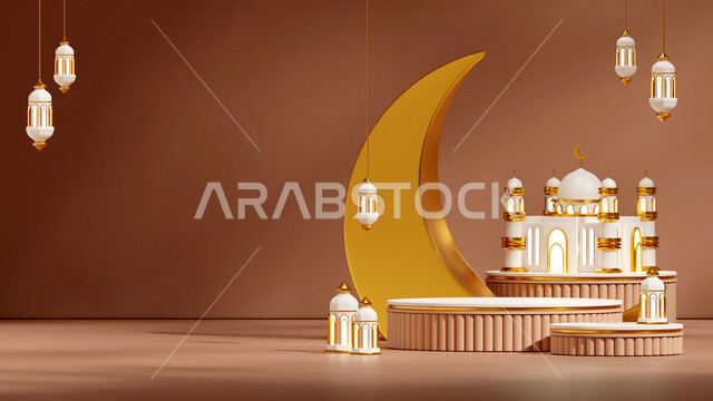 Celebrating the arrival of the month of goodness, an atmosphere of spirituality and tranquility, joy and congratulations on Islamic holidays and occasions, Arab customs and traditions for Ramadan decorations, Islamic decorations and lights, traditional Arabic lanterns decorated with illuminated metal and crescent moon, beige background