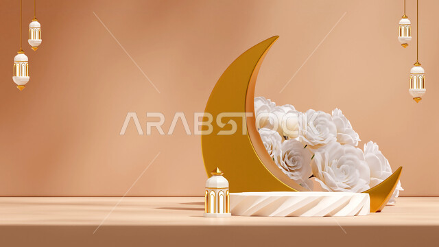 ديكورات وأنوار اسلامية، فوانيس عربية تقليدية معدنية مزخرفة مضيئة مع الهلال، الإحتفال بقدوم شهر الخير، أجواء الروحانية والهدوء, البهجة والتهنئة بالأعياد والمناسبات الإسلامية، العادات والتقاليد العربية لزينة رمضان المبارك، خلفية بيج