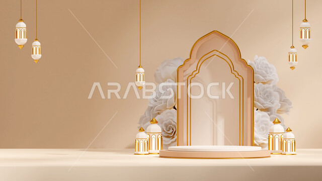 Traditional Arabic lanterns decorated with illuminated metal crescent moon, celebrating the arrival of the month of goodness, spiritual and calm atmosphere, joy and congratulations on Islamic holidays and occasions, Arab customs and traditions for Ramadan decorations, Islamic decorations and lights, beige background