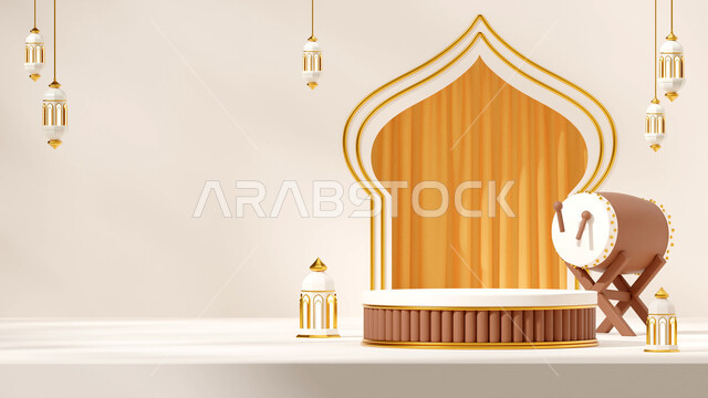 البهجة والتهنئة بالأعياد والمناسبات الإسلامية، العادات والتقاليد العربية لزينة رمضان المبارك، ديكورات وأنوار اسلامية، فوانيس عربية تقليدية معدنية مزخرفة مضيئة، الإحتفال بقدوم شهر الخير، أجواء الروحانية والهدوء, خلفية بيضاء