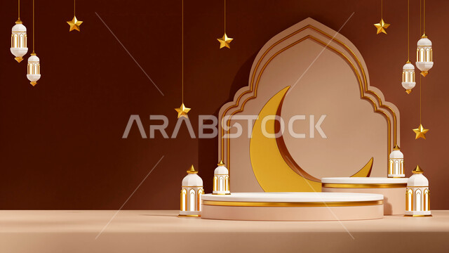 الإحتفال بقدوم شهر الخير، أجواء الروحانية والهدوء, البهجة والتهنئة بالأعياد والمناسبات الإسلامية، العادات والتقاليد العربية لزينة رمضان المبارك، ديكورات وأنوار اسلامية، فوانيس عربية تقليدية معدنية مزخرفة مضيئة مع الهلال، خلفية بيج