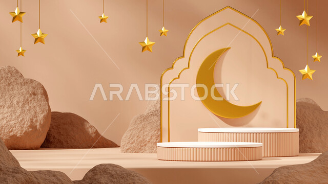 ديكورات وأنوار اسلامية، فوانيس عربية تقليدية معدنية مزخرفة مضيئة مع الهلال، الإحتفال بقدوم شهر الخير، أجواء الروحانية والهدوء, البهجة والتهنئة بالأعياد والمناسبات الإسلامية، العادات والتقاليد العربية لزينة رمضان المبارك، خلفية بيج