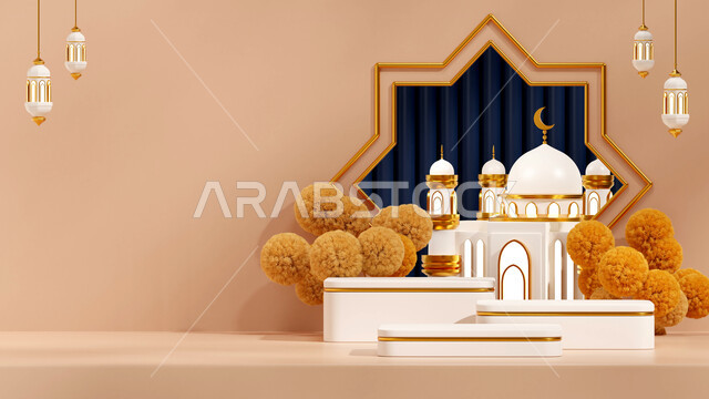 العادات والتقاليد العربية لزينة رمضان المبارك، ديكورات وأنوار اسلامية، فوانيس عربية تقليدية معدنية مزخرفة مضيئة مع مجسم مسجد ثلاثي الأبعاد، الاحتفال بقدوم شهر الخير، أجواء الروحانية والهدوء, البهجة والتهنئة بالأعياد والمناسبات الإسلامية، خلفية بيج