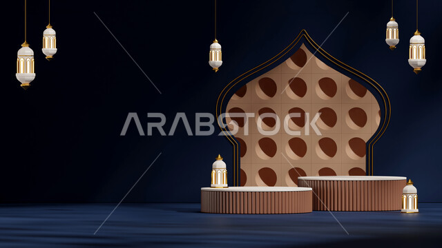 أجواء الروحانية والهدوء, البهجة والتهنئة بالأعياد والمناسبات الإسلامية، العادات والتقاليد العربية لزينة رمضان المبارك، ديكورات وأنوار اسلامية، فوانيس عربية تقليدية معدنية مزخرفة مضيئة، الإحتفال بقدوم شهر الخير، خلفية كحلي