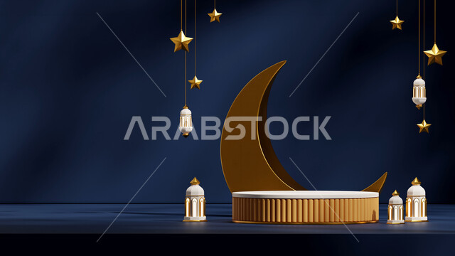 أجواء الروحانية والهدوء, البهجة والتهنئة بالأعياد والمناسبات الإسلامية، العادات والتقاليد العربية لزينة رمضان المبارك، ديكورات وأنوار اسلامية، فوانيس عربية تقليدية معدنية مزخرفة مضيئة مع الهلال، الإحتفال بقدوم شهر الخير، خلفية كحلي