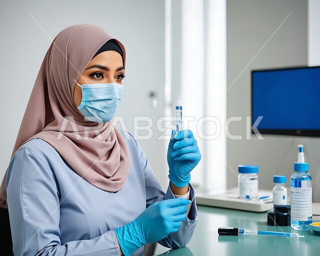 اتباع الاجراءات الوقائية، صورة مقربة لطبيبة عربية خليجة سعودية محجبة ترتدي اليونيفورم الخاص والقفازات والكمامة الطبية تحمل بيدها حقنة، الحماية من الامراض والحفاظ على السلامة، مفهوم الوعي الصحي، تجنب إنتشار العدوى