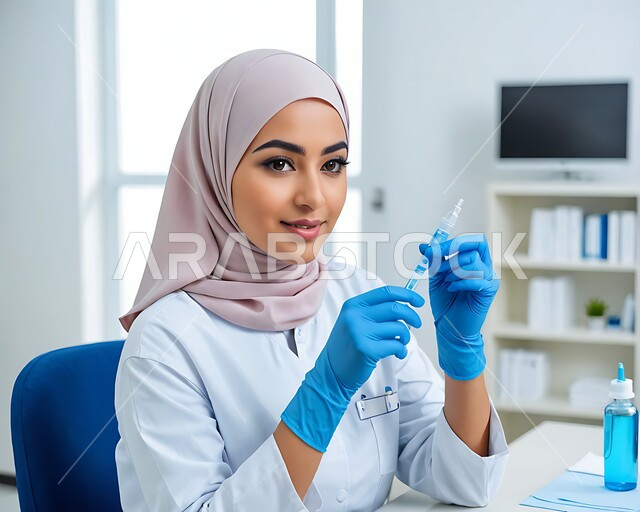 مفهوم الوعي الصحي، تجنب إنتشار العدوى، اتباع الاجراءات الوقائية، النظر إلى الكاميرا بايماءات الثقة بالنفس، صورة مقربة لطبيبة عربية خليجة سعودية محجبة ترتدي اليونيفورم الخاص والقفازات الطبية تحمل بيدها حقنة، الحماية من الامراض والحفاظ على السلامة