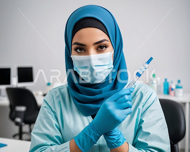 تجنب إنتشار العدوى، اتباع الاجراءات الوقائية، النظر إلى الكاميرا بايماءات الثقة بالنفس، صورة مقربة لطبيبة عربية خليجة سعودية محجبة ترتدي اليونيفورم الخاص والقفازات والكمامة الطبية تحمل بيدها حقنة، الحماية من الامراض والحفاظ على السلامة، مفهوم الوعي الصحي