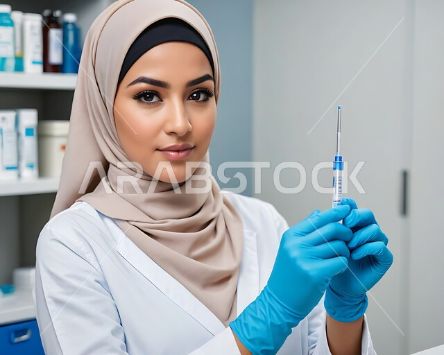 النظر إلى الكاميرا بايماءات الثقة بالنفس، صورة مقربة لطبيبة عربية خليجة سعودية محجبة ترتدي اليونيفورم الخاص والقفازات الطبية تحمل بيدها حقنة، الحماية من الامراض والحفاظ على السلامة، مفهوم الوعي الصحي، تجنب إنتشار العدوى، اتباع الاجراءات الوقائية