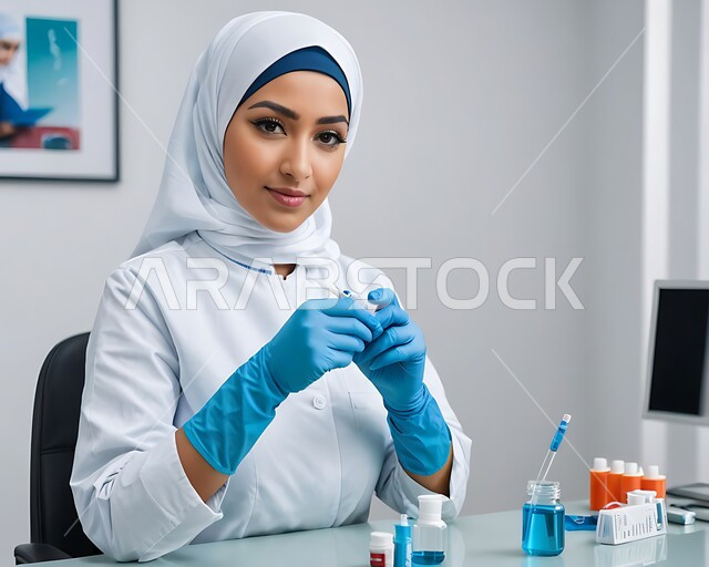 الحماية من الامراض والحفاظ على السلامة، مفهوم الوعي الصحي، تجنب إنتشار العدوى، اتباع الاجراءات الوقائية، النظر إلى الكاميرا بايماءات الثقة بالنفس، صورة مقربة لطبيبة عربية خليجة سعودية محجبة ترتدي اليونيفورم الخاص والقفازات الطبية تحمل بيدها حقنة