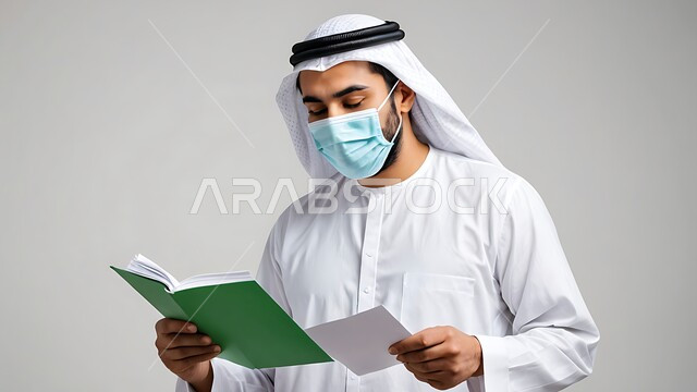 مراجعة ومتابعة الخطط والمشاريع، التدقيق في قراءة الملاحظات، اعداد التقارير الخاصة بالعمل، بورتريه مقرب لرجل عربي خليجي إماراتي يرتدي الكندورة والغترة ويضع كمامة يحمل بيده مجموعة من الاوراق، الالتزام باجراءات الوقاية من فايروس كورونا، خلفية بيضاء