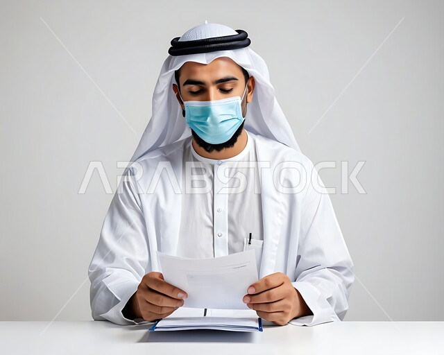 اعداد التقارير الخاصة بالعمل، بورتريه مقرب لرجل عربي خليجي إماراتي يرتدي الكندورة والغترة ويضع كمامة يحمل بيده مجموعة من الاوراق، الالتزام باجراءات الوقاية من فايروس كورونا، مراجعة ومتابعة الخطط والمشاريع، التدقيق في قراءة الملاحظات، خلفية بيضاء