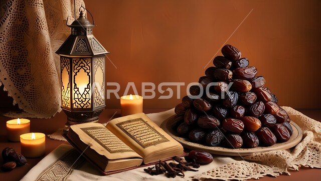ديكورات وزينة رمضان المبارك, الأجواء الروحانية والاحتفال بالمناسبات والأعياد الدينية الاسلامية، المصحف الشريف وفانوس معدني تقليدي مضيء مع طبق من التمر، تحف واكسسوارت متميزة, ضيافة رمضانية شهية