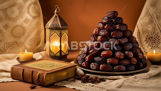 الأجواء الروحانية والاحتفال بالمناسبات والأعياد الدينية الاسلامية، المصحف الشريف وفانوس معدني تقليدي مضيء مع طبق من التمر، تحف واكسسوارت متميزة, ضيافة رمضانية شهية، ديكورات وزينة رمضان المبارك