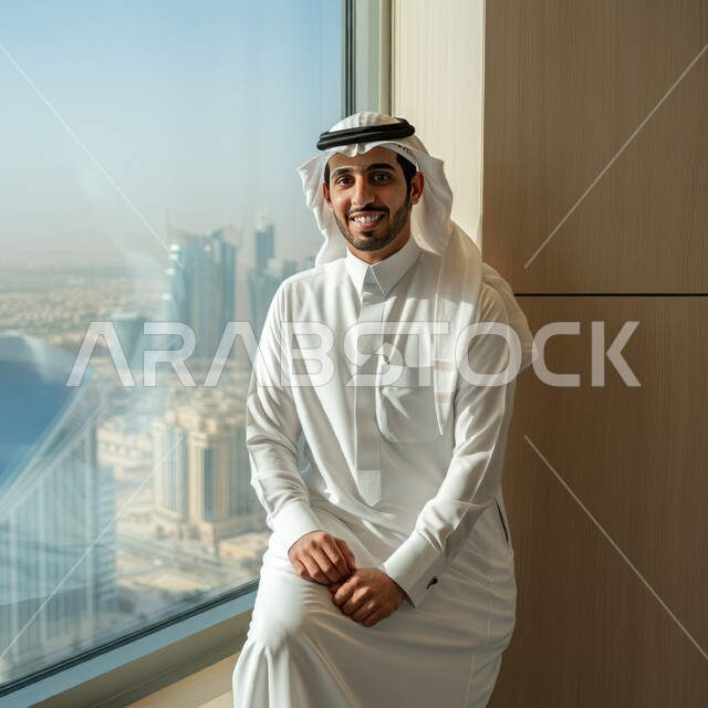 التطور في تصميم المكاتب والشركات الراقية، العمل في القطاع الإداري والمكتبي، مهن ووظائف للشباب في الإمارات العربية المتحدة، شاب عربي خليجي إماراتي يرتدي الكندورة والغترة يجلس بجانب النوافذ الزجاجية المطلة على الأبراج وناطحات السحاب وينظر إلى الكاميرا بسعادة
