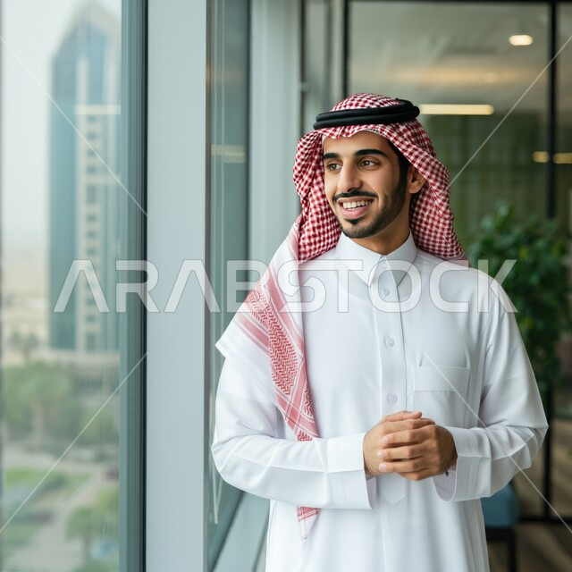 العمل في المكاتب المطلة على الأبراج وناطحات السحاب الشاهقة، التوظيف في القطاع الإداري والمكتبي، مهن ووظائف للشباب في السعودية، صورة مقربة لشاب عربي خليجي سعودي يرتدي الثوب التقليدي والشماغ يقف وينظر إلى التطور العمراني في المدينة بإيماءات السرور