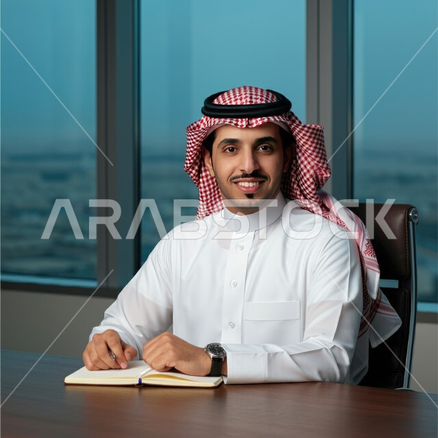 مهن ووظائف للشباب في السعودية، التوظيف في القطاع الإداري والمكتبي، العمل في المكاتب المطلة على الأبراج وناطحات السحاب الشاهقة في المدينة، صورة مقربة لشاب عربي خليجي سعودي يرتدي الثوب التقليدي والشماغ يجلس خلف المكتب وينظر إلى الكاميرا بإيماءات السعادة والسرور