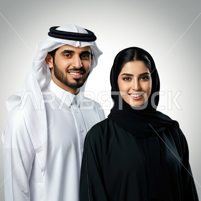 بناء أسرة متفاهمة ومتماسكة، بورتريه مقرب لزوجين عربيين خليجيين سعوديين يرتديان الملابس السعودية التقليدية وينظران إلى الكاميرا بإيماءات السعادة والسرور، مفهوم العلاقات الزوجية الناجحة، تقوية روابط المحبة والمودة بين الأزواج، خلفية بيضاء
