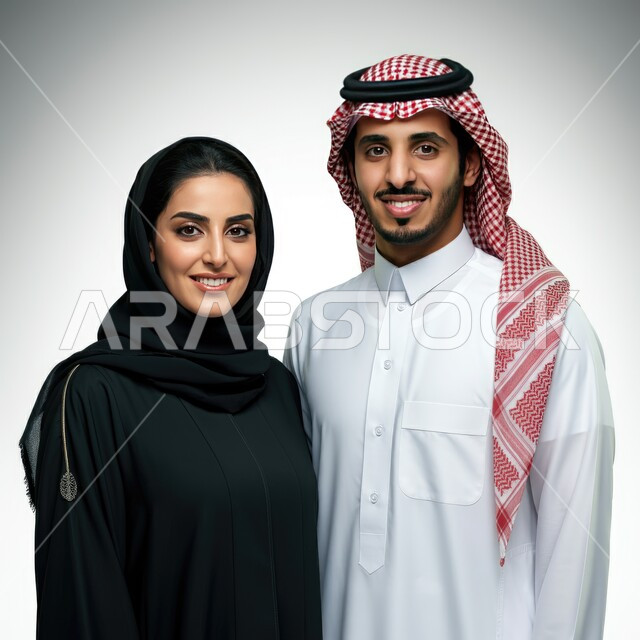 بناء أسرة متفاهمة ومتماسكة، بورتريه مقرب لزوجين عربيين خليجيين سعوديين يرتديان الملابس السعودية التقليدية وينظران إلى الكاميرا بإيماءات السعادة والسرور، مفهوم العلاقات الزوجية الناجحة، تقوية روابط المحبة والمودة بين الأزواج، خلفية بيضاء