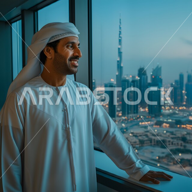 العمل في القطاع الإداري والمكتبي، مهن ووظائف للشباب في الإمارات العربية المتحدة، صورة مقربة لشاب عربي خليجي إماراتي يرتدي الكندورة والغترة يقف بجانب النوافذ الزجاجية المطلة على الأبراج وناطحات السحاب في المدينة، التطور في تصميم المكاتب والشركات الراقية