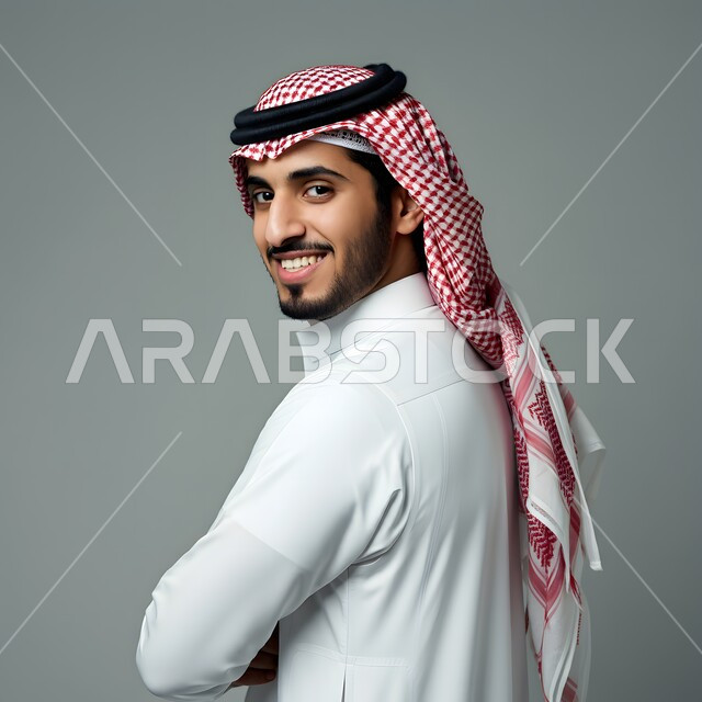 Concept of elegance and handsomeness, looking at the camera with expressions of cheerfulness and pleasure, close-up portrait from the side of a Saudi Arabian Gulf man wearing traditional thobe and shemagh standing with gestures of self-confidence, interest in outward appearance, gray background