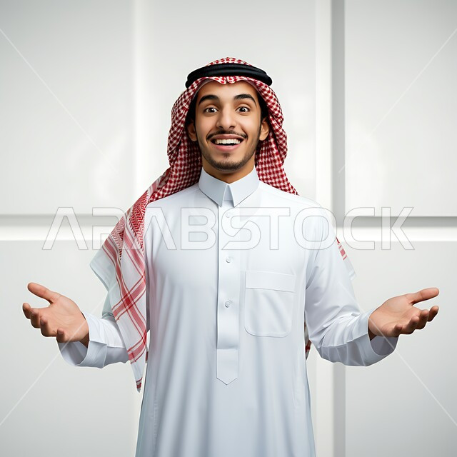 الترحيب وحسن الاستقبال، مفهوم الأناقة والوسامة، النظر إلى الكاميرا بتعابير البشاشة والسرور، صورة مقربة لشاب عربي خليجي سعودي يرتدي الثوب التقليدي والشماغ يفتح يديه بإيماءات السعادة والابتهاج، الاهتمام بالمظهر الخارجي