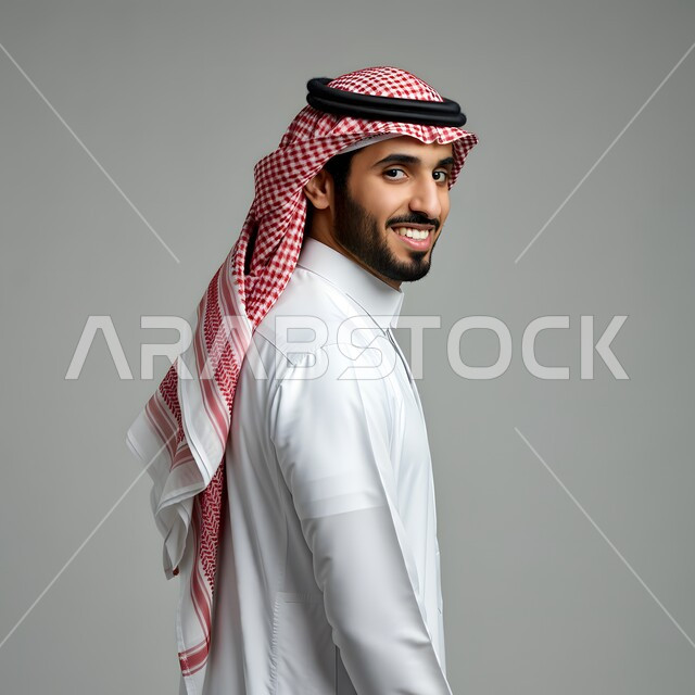 النظر إلى الكاميرا بتعابير البشاشة والسرور، بورتريه مقرب من الجانب لرجل عربي خليجي سعودي يرتدي الثوب التقليدي والشماغ يقف بإيماءات الثقة بالنفس، مفهوم الأناقة والوسامة، الاهتمام بالمظهر الخارجي، خلفية رمادية