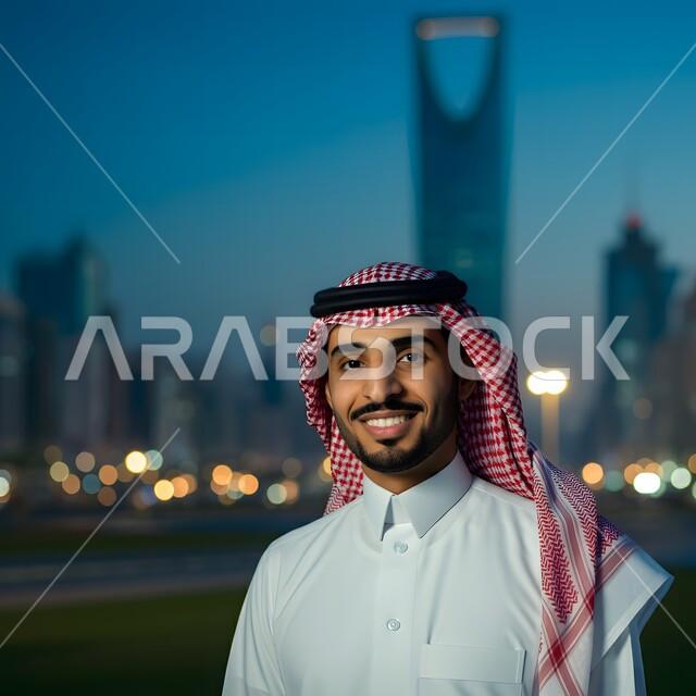  الأناقة والاهتمام بالمظهر الخارجي، صورة مقربة لرجل عربي خليجي سعودي يرتدي الثوب التقليدي والشماغ يقف بتعابير الثقة بالنفس وينظر إلى الكاميرا بإيماءات البشاشة والسرور، مفهوم الرجولة والوسامة، خلفية الأبراج وناطحات السحاب وإضاءة المباني ليلا
