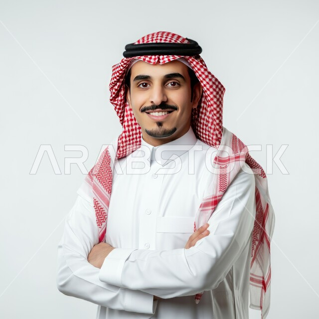 الوقوف بيدين متقاطعتين بتعابير الثقة بالنفس، بورتريه مقرب لرجل عربي خليجي سعودي يرتدي الثوب التقليدي والشماغ ينظر إلى الكاميرا بإيماءات البشاشة والسرور، مفهوم الأناقة والوسامة، الاهتمام بالمظهر الخارجي، خلفية بيضاء