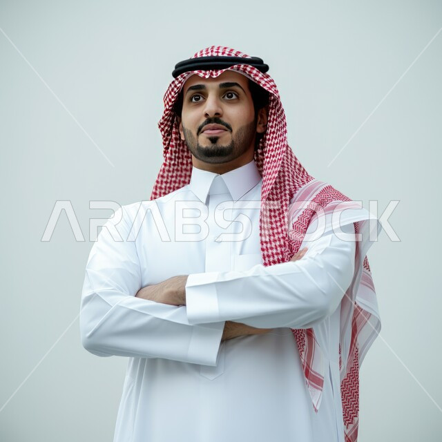الاهتمام بالمظهر الخارجي، الوقوف بيدين متقاطعتين بتعابير الثقة بالنفس، بورتريه مقرب لرجل عربي خليجي سعودي يرتدي الثوب التقليدي والشماغ ينظر إلى مكان ما بإيماءات الاندماج والتركيز، مفهوم الأناقة والوسامة، خلفية بيضاء