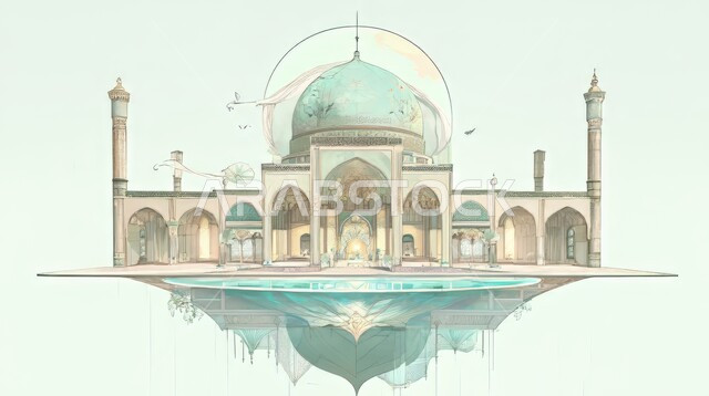 رسومات للتصاميم الهندسية المعمارية للمساجد، المآذن الشامخة والقبب العريقة، بناء دور العبادة على الطراز العربي الإسلامي في المملكة العربية السعودية، مفهوم العبادة والتقرب إلى الله تعالى، معالم وأماكن اسلامية مقدسة، انعكاس صورة المسجد على سطح المياه الصافية
