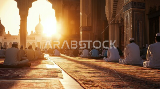الأجواء الروحانية الإسلامية المقدسة، تجمع المسلمين في الساحات الخارجية للمسجد عند الغروب، أداء الصلوات والعبادات والطاعات، قضاء الأوقات بالتسبيح والاستغفار والتهليل، حضور مجالس الذكر، انتظار وقت الصلاة القادمة في الجامع، تلاوة القرآن الكريم والتقرب لله تعالى