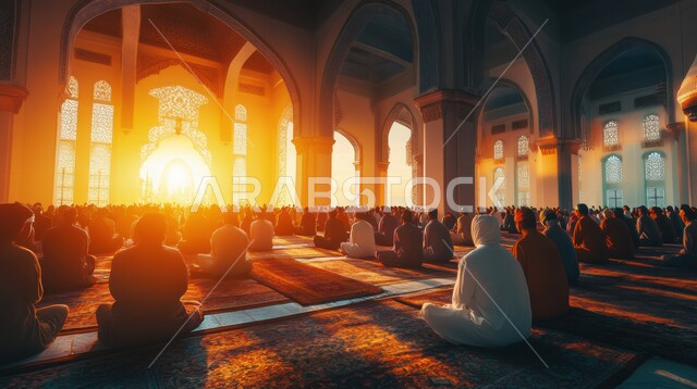 الأجواء الروحانية الإسلامية المقدسة، جلوس المسلمين داخل المسجد عند الغروب، أداء الصلوات والعبادات والطاعات، قضاء الأوقات بالتسبيح والاستغفار والتهليل، حضور مجالس الذكر، انتظار وقت الصلاة القادمة في الجامع، تلاوة القرآن الكريم والتقرب لله تعالى