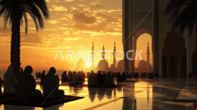 تجمع المسلمين في الساحات الخارجية للمسجد عند الغروب، أداء الصلوات والعبادات والطاعات، قضاء الأوقات بالتسبيح والاستغفار والتهليل، حضور مجالس الذكر، الأجواء الروحانية الإسلامية المقدسة، انتظار وقت الصلاة القادمة في الجامع، تلاوة القرآن الكريم والتقرب لله تعالى