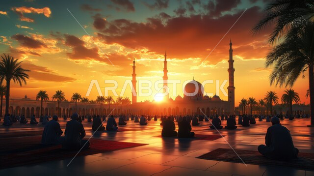 تجمع المسلمين في الساحات الخارجية للمسجد عند الغروب، أداء الصلوات والعبادات والطاعات، قضاء الأوقات بالتسبيح والاستغفار والتهليل، حضور مجالس الذكر، الأجواء الروحانية الإسلامية المقدسة، انتظار وقت الصلاة القادمة في الجامع، تلاوة القرآن الكريم والتقرب لله تعالى