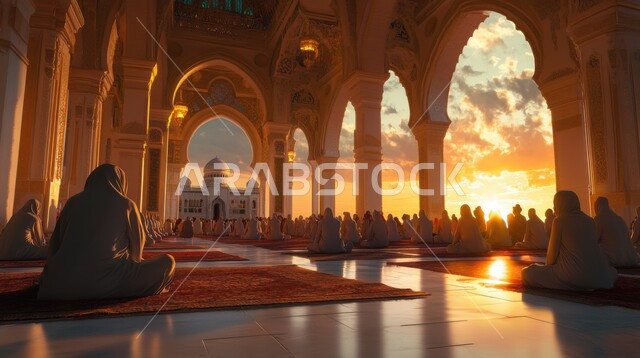 تجمع المسلمين في الساحات الخارجية للمسجد عند الغروب، أداء الصلوات والعبادات والطاعات، قضاء الأوقات بالتسبيح والاستغفار والتهليل، حضور مجالس الذكر، الأجواء الروحانية الإسلامية المقدسة، انتظار وقت الصلاة القادمة في الجامع، تلاوة القرآن الكريم والتقرب لله تعالى