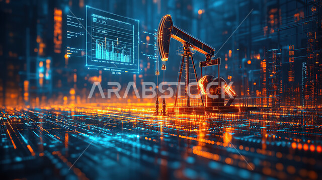 التطور الهندسي والعمراني لمصافي البترول في المملكة العربية السعودية، مضخة نفط هولوجرامية ومؤشرات بيانات، اعتماد التقنيات والتكنولوجيا الحديثة في إنتاجية النفط والغاز، صناعات ومشاريع بيتروكيماوية، ادوات ومعدات ضخمة وحديثة