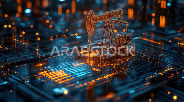 مضخة نفط هولوجرامية ومؤشرات بيانات، التطور الهندسي والعمراني لمصافي البترول في المملكة العربية السعودية، اعتماد التقنيات والتكنولوجيا الحديثة في إنتاجية النفط والغاز، صناعات ومشاريع بيتروكيماوية، ادوات ومعدات ضخمة وحديثة