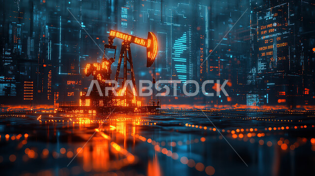 مضخة نفط هولوجرامية ومؤشرات بيانات، التطور الهندسي والعمراني لمصافي البترول في المملكة العربية السعودية، اعتماد التقنيات والتكنولوجيا الحديثة في إنتاجية النفط والغاز، صناعات ومشاريع بيتروكيماوية، ادوات ومعدات ضخمة وحديثة