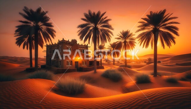 الطراز القديم للبناء في صحراء نجران السعودية، التلال والهضاب الرملية  وقت غروب الشمس، التضاريس الطبيعيه في صحراء الربع الخالي في المملكة العربية السعودية، الرمال الناعمة الذهبية، أماكن سياحية مشهورة، خلفية الطبيعه الصحراوية