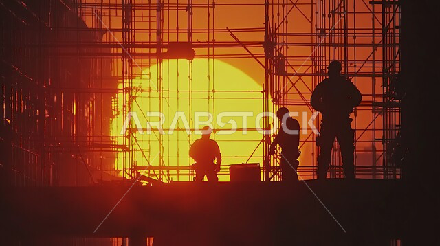 مهن ووظائف هندسية، أعمال البناء والمقاولات, إنشاء الأساسات والهياكل للمشروعات السكنية والمصانع، تشييد المباني والمشاريع الضخمة، صورة ظلية لمجموعة من المهندسين عربيين خليجيين سعوديين يرتدون خوذة الحماية يعملون في موقع البناء في وقت الغروب، الإشراف على سير خطة العمل