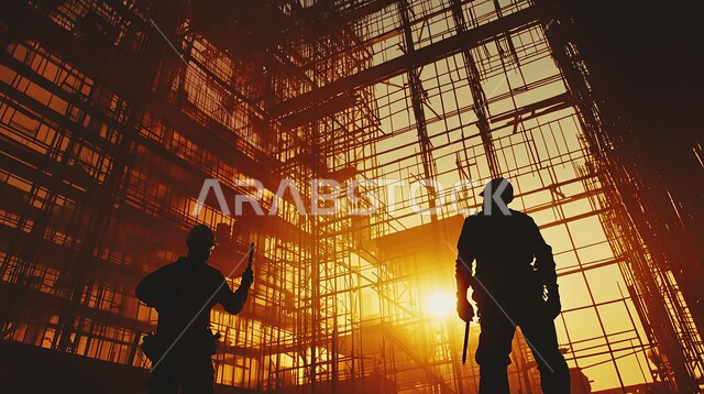 أعمال البناء والمقاولات, مهن ووظائف هندسية، إنشاء الأساسات والهياكل للمشروعات السكنية والمصانع، تشييد المباني والمشاريع الضخمة، صورة ظلية لمهندسين عربين خليجين سعودين يرتدون خوذة الحماية يعملون في موقع البناء في وقت الغروب، الإشراف على سير خطة العمل
