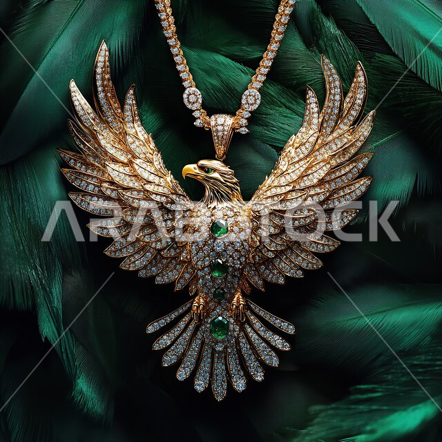 رمز القوة والتحدي وحدة البصر, قلادة لنسر عربي أصيل مزينة بالأحجار الكريمة, الاهتمام بتربية ورعاية الطيور الجارحة والمفترسة, الفخر بأصالة وعراقة التراث الخليجي السعودي, خلفية خضراء