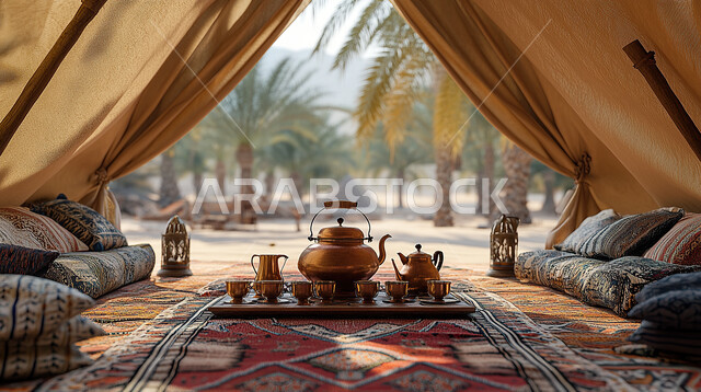 حسن الضيافة والاستقبال, تقديم المشروبات الساخنة في الزيارات, ابريق و اكواب الشاي على سجادة  في الخيمة البدوية وسط الصحراء, الجلسات الشعبية في المملكة العربية السعودية, كشتة و جلسة بر شبابية، التخييم في صحاري المملكة العربية السعودية