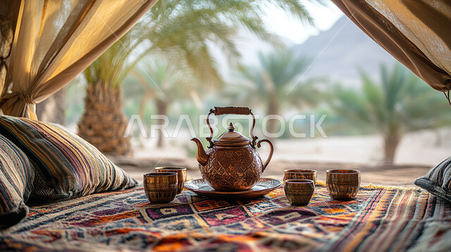 حسن الضيافة والاستقبال, تقديم المشروبات الساخنة في الزيارات, ابريق و اكواب الشاي على سجادة  في الخيمة البدوية وسط الصحراء, الجلسات الشعبية في المملكة العربية السعودية, كشتة و جلسة بر شبابية، التخييم في صحاري المملكة العربية السعودية