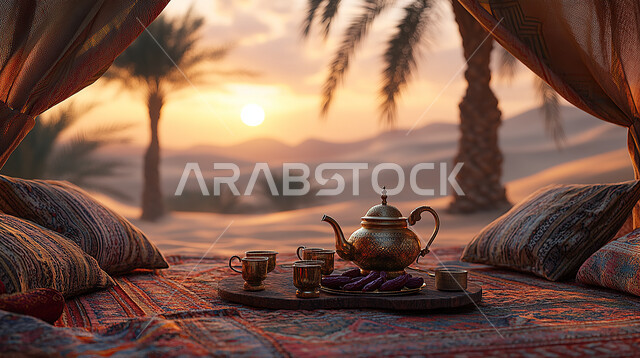 ابريق و اكواب الشاي على سجادة  في الخيمة البدوية وسط الصحراء, تقديم المشروبات الساخنة في الزيارات, حسن الضيافة والاستقبال, الجلسات الشعبية في المملكة العربية السعودية وقت غروب الشمس, كشتة و جلسة بر شبابية، التخييم في صحاري المملكة العربية السعودية