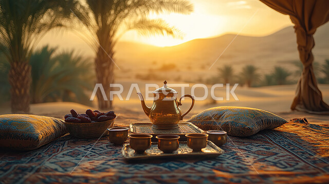Teapot and cups on a rug in a Bedouin tent in the middle of the desert, serving hot drinks during visits, hospitality and reception, popular sessions in the Kingdom of Saudi Arabia at sunset, a youth camp and desert session, camping in the deserts of the Kingdom oSaudi Arabia