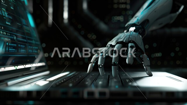 الاعتماد على عمل الآلات المؤتمت في المستقبل، التحول والتقدم الرقمي الكبير بمجال صناعة الروبوتات، العلوم والابتكار وتكنولوجيا الذكاء الاصطناعي، الرؤية السعودية المستقبلية2030، تحقيق الثورة الصناعية، صورة مقربة ليد روبوت آلي حديث ومتطور يعمل على الحاسوب المحمول